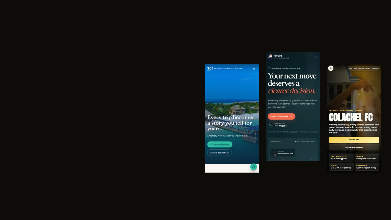 Three sites, three arguments — Travel Connection India · PinPoint Migration Services · Colachel FC