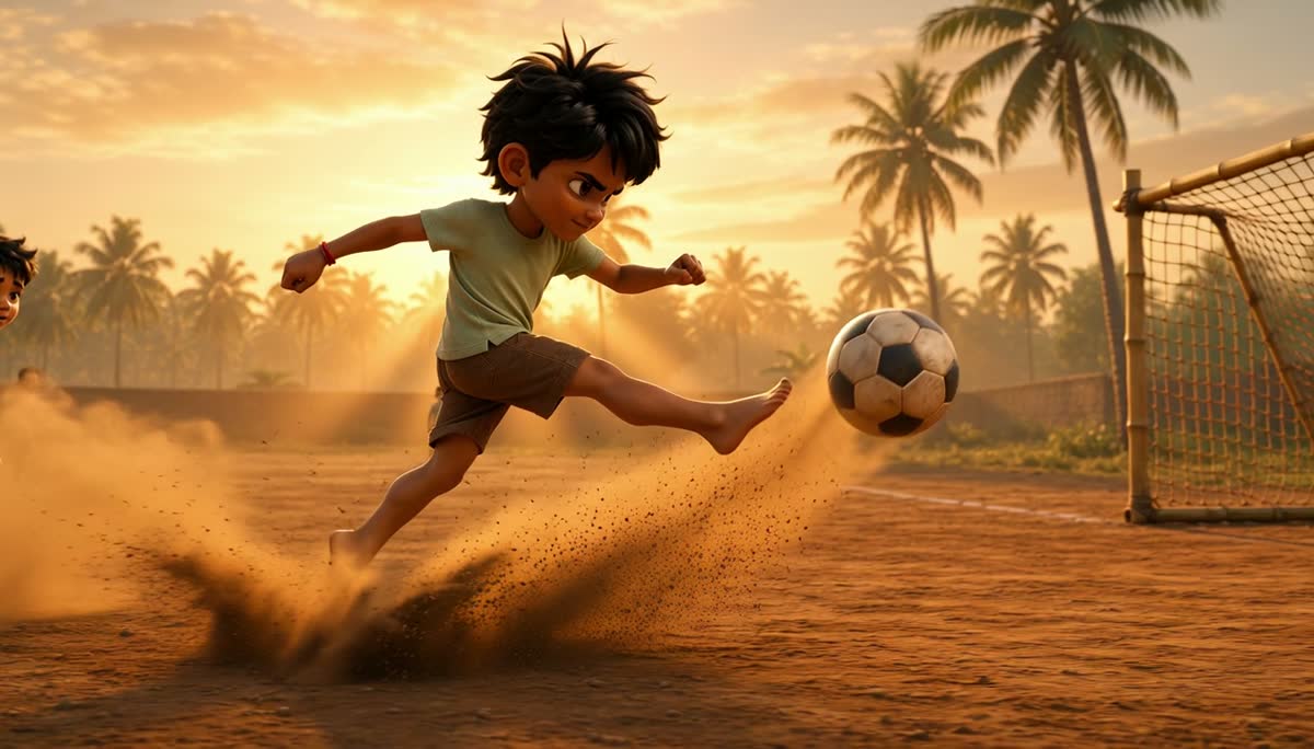 Players moving through low golden light on a dust pitch lined with palms.