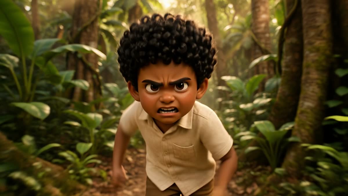 The lead character mid-run through a plantation path, dust catching low sunlight.