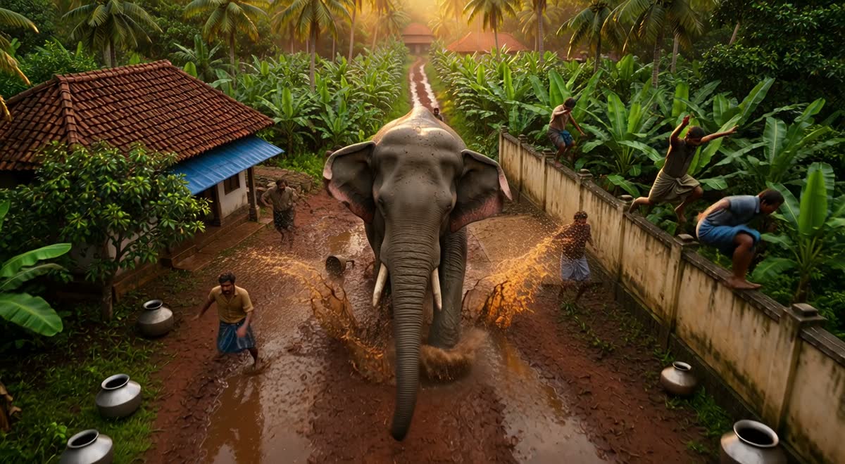 An elephant charging down a muddy plantation track past a tiled-roof house.