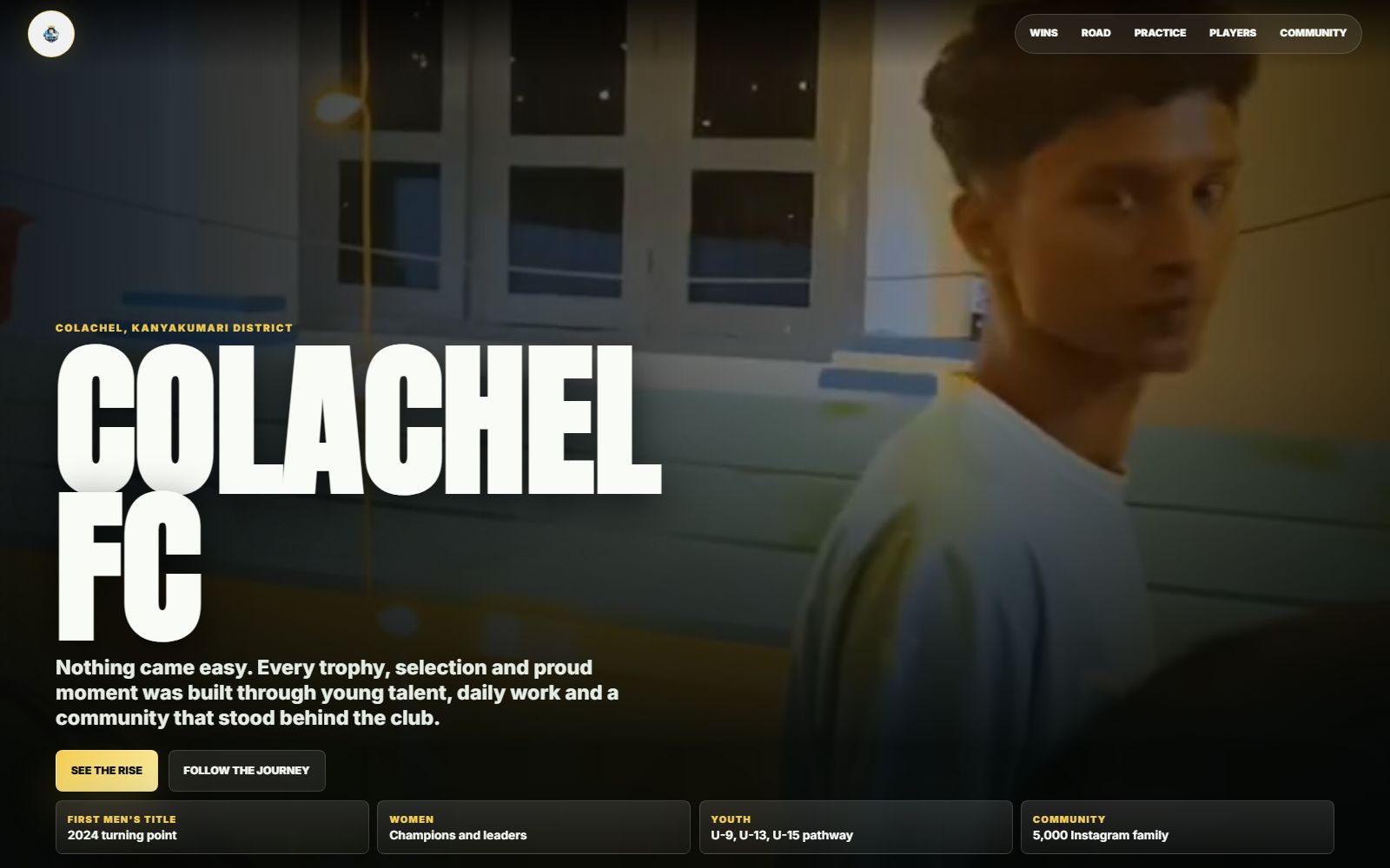 The Colachel FC homepage — the club name set very large in white over a night photograph of celebrating supporters.