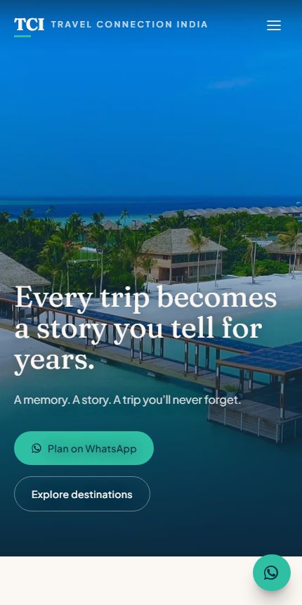 The Travel Connection India site on a phone, with the WhatsApp planning button in reach of a thumb.