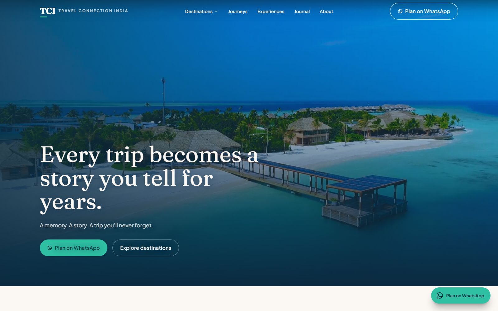 The Travel Connection India homepage — a rice-terrace hero with the headline "Every trip becomes a story you tell for years."